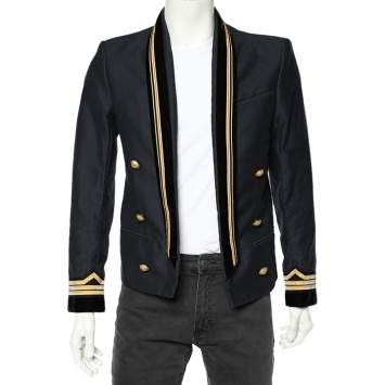 Pre Owned Balmain Navy Blue Cotton Velvet Collar Trim Open Front Jacket M