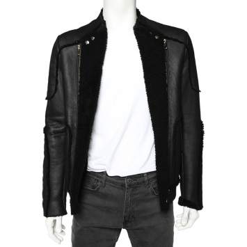 Pre Owned Balmain Black Shearling Biker Jacket M