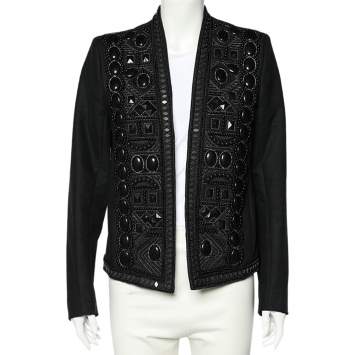 مملوكة مسبقًا Balmain Black Beaded Cotton Open Front Jacket M