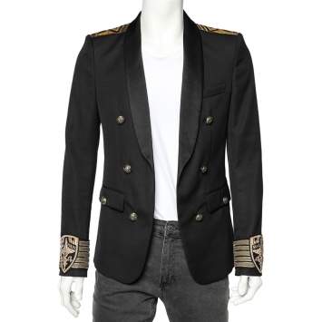 Pre Owned Balmain Black Wool Embroidered Cuff Detailed Open Front Blazer M