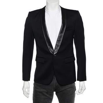 Pre Owned Balmain Black Wool & Leather Trim Shawl Lapel Blazer M