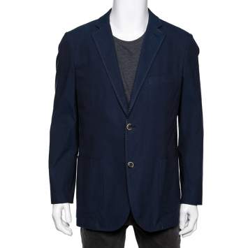 Pre Owned Balmain Blue Textured Cotton Slim Fit Single Breasted Blazer XXXL 