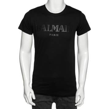 Pre Owned Balmain Black Cotton Logo Printed Crew Neck Short Sleeve T-Shirt S