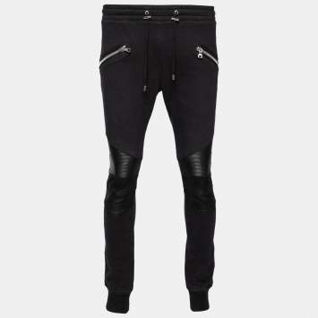 Pre Owned Balmain Black Cotton Rib Paneled Biker Track Pants L