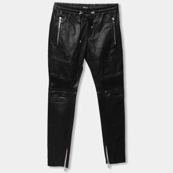 Pre Owned Balmain Black Lamb Leather Biker Trousers L