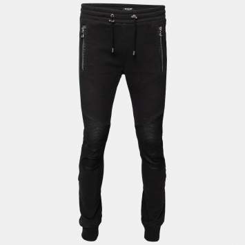 Pre Owned Balmain Midnight Blue Cotton & Leather Patch Detail Joggers L