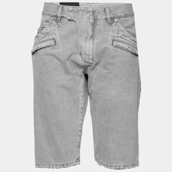 Pre Owned Balmain Grey Distressed Denim Zip Detail Shorts M
