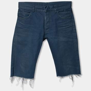 Pre Owned Balmain Blue Denim Frayed Edged Shorts M