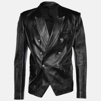 مملوكة مسبقًا Balmain Black Leather Double Breasted Jacket XXL