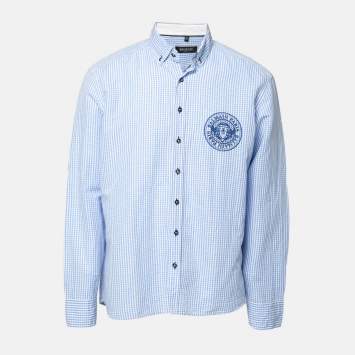 Pre Owned Balmain Blue Checked Linen & Cotton Logo Embroidered Button Down Shirt XL