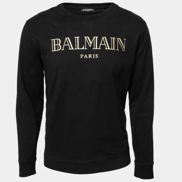 Pre Owned Balmain Black Logo Printed Cotton Crew Neck Long Sleeve Sweatshirt XL
