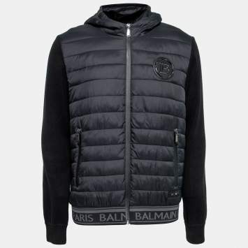 مملوكة مسبقًا Balmain Black Synthetic & Knit Paneled Hooded Zip Front Jacket XXL