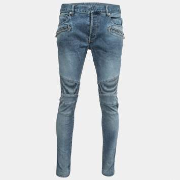 Pre Owned Balmain Blue Denim Biker Jeans L Waist:36"
