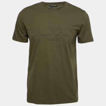 Pre Owned Balmain Olive Green Cotton Logo Embossed Short Sleeve T-Shirt M