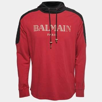 Pre Owned Balmain Red and Black Logo Printed Cotton Knit Hoodie M