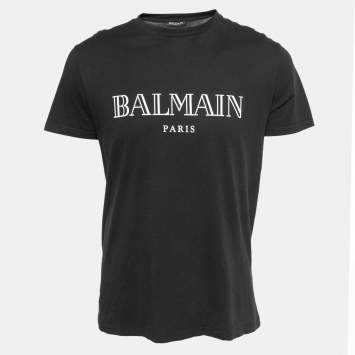 Pre Owned Balmain Black Logo Printed Cotton Short Sleeve T-Shirt L