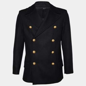 Pre Owned Balmain Black Wool Double Breasted Coat M