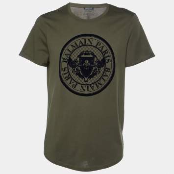 Pre Owned Balmain Olive Green Velvet Coin Logo Crewneck T-Shirt XXL