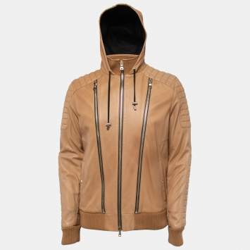 Balmain Beige Lambskin Leather Hooded Jacket 2XL