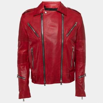 Pre Owned Balmain Red Distressed Leather Moto Biker Jacket L