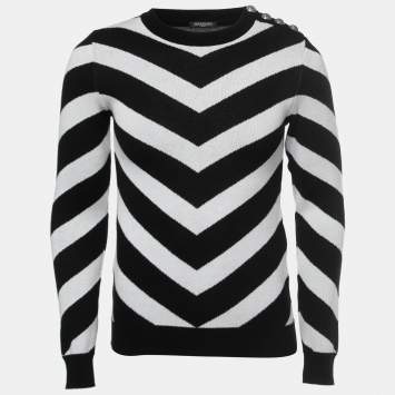 Pre Owned Balmain Monochrome Striped Knit Crew Neck Sweatshirt XS