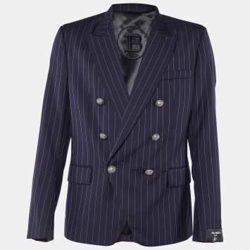 Pre Owned Balmain Navy Blue Pinstriped Wool Double Breasted Blazer L