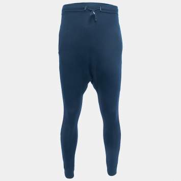 Pre Owned Balmain Navy Blue Cotton Side Stripe Detail Drawstring Yoga Pants XS
