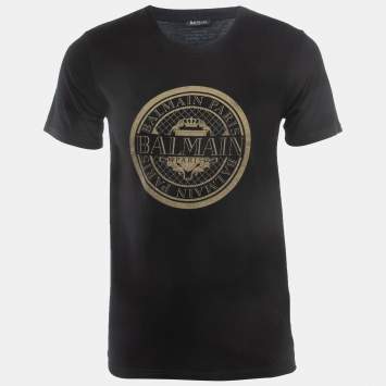Pre Owned Balmain Black Logo Print Cotton Crew Neck Half Sleeve T-Shirt M