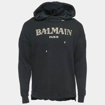Pre Owned Balmain Black Logo Print Cotton Hooded Sweatshirt M