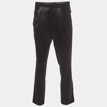 Pre Owned Balmain Black Silk Satin Tailored Tuxedo Pants XL