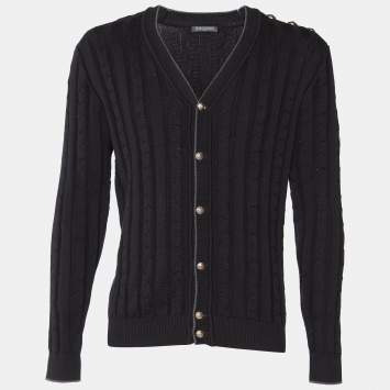 Pre Owned Balmain Black Ribbed Knit Button Front Cardigan M