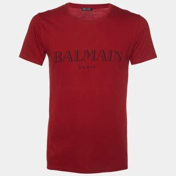 Balmain Red Logo Print Cotton Crew Neck T-Shirt XS
