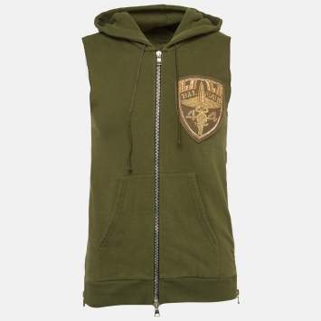 Pre Owned Balmain Green Metallic Applique Cotton Knit Sleeveless Hoodie XS