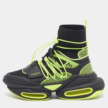 مملوكة مسبقًا Balmain B-Bold Size 42 Black/Green Fabric and Leather High Top Sneakers