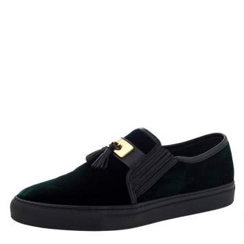Pre Owned Balmain Green/Black Velvet and Leather Tassel Slip On Sneakers Size 39