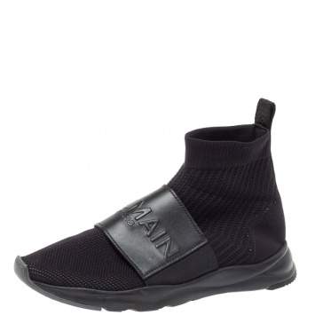 Pre Owned Balmain Black Knit Fabric And Leather Cameron Sock Sneakers Size 42