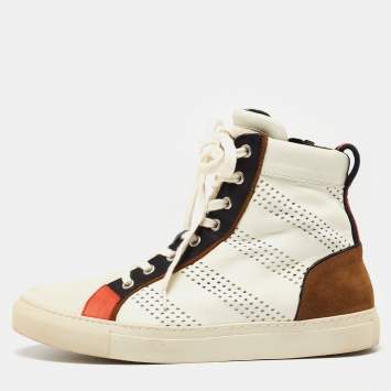 Pre Owned Balmain Multicolor Perforated Leather, Suede and Canvas High-Top Sneakers Size 42