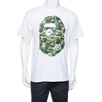 Pre Owned A Bathing Ape White Camo Logo Print Cotton Crew Neck T-Shirt L