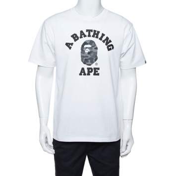 Pre Owned A Bathing Ape White Camo Logo Print Cotton Crew Neck T-Shirt L