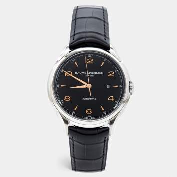 Pre Owned Baume & Mercier Black Stainless Steel Alligator Leather Clifton MOA10366 Men's Wristwatch 45 mm