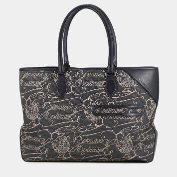 Pre Owned حقيبة تسوق برلوتي كاليجرافي حقيبة يد قماش جلدي أخضر/كحلي