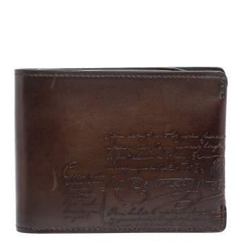Pre Owned Berluti Dark Brown Scritto Leather Bifold Compact Wallet
