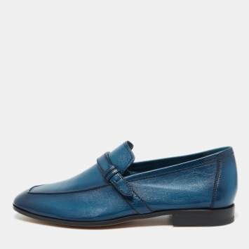 Pre Owned Berluti Blue Leather Strap Detail Slip On Loafers Size 39.5