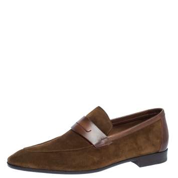 Pre Owned Berluti Brown/Olive Green Suede and Leather Andy Penny Loafers Size 41