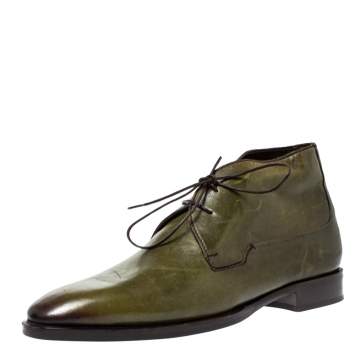 Pre Owned Berluti Military Green Leather Ankle Boots Size 41