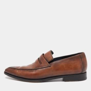 Pre Owned Berluti Brown Leather Lorenzo Penny Slip On Loafers Size 42