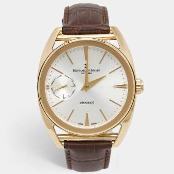 Bernhard H.Mayer Silver Rose Gold PVD Plated Stainless Steel Leather Mecanique BH30/CWR Men's Wristwatch 44 mm