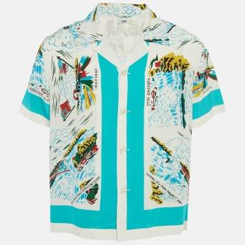 Pre Owned Bode Blue/White Niagara Falls Print Silk Shirt S/M