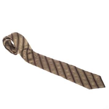Pre Owned Boss by Hugo Boss Gold Monochrome Diagonal Striped Silk Tie 