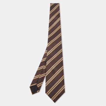 Pre Owned Boss By Hugo Boss Brown Diagonal Stripe Textured Silk Tie